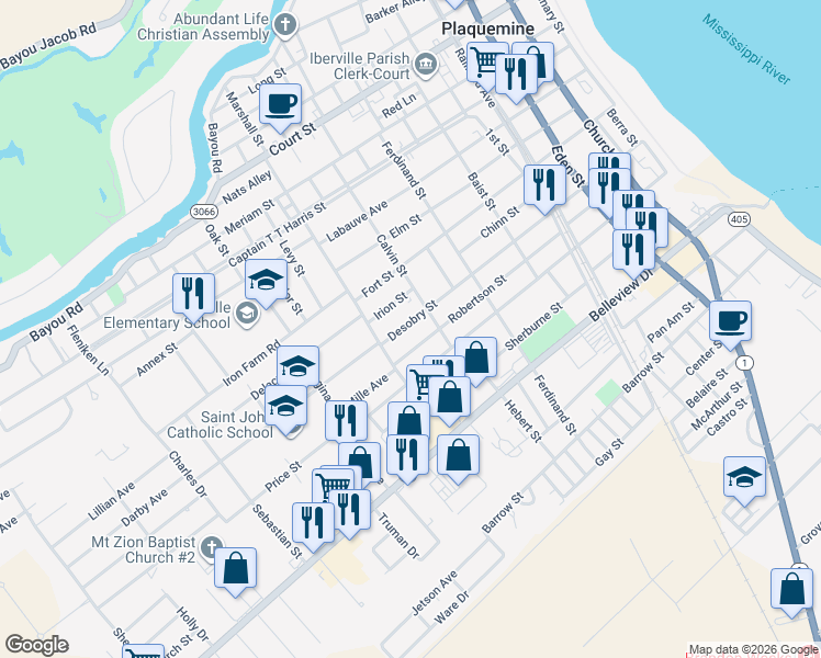 map of restaurants, bars, coffee shops, grocery stores, and more near 58349 Desobry Street in Plaquemine