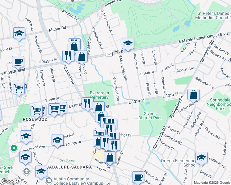 map of restaurants, bars, coffee shops, grocery stores, and more near 1308 Greenwood Avenue in Austin