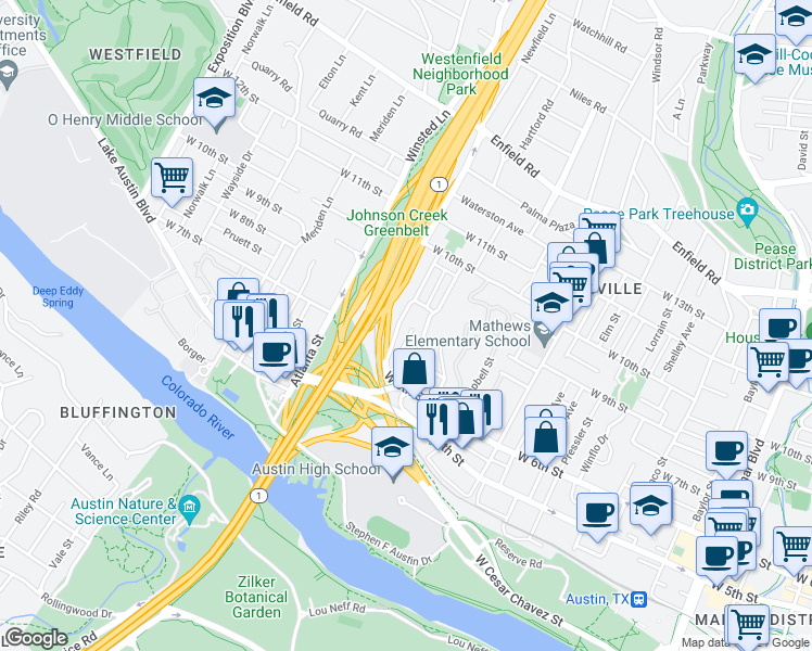 map of restaurants, bars, coffee shops, grocery stores, and more near 701 Theresa Avenue in Austin