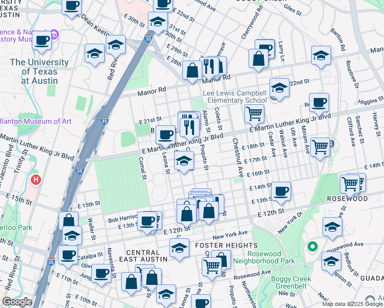 map of restaurants, bars, coffee shops, grocery stores, and more near 1904 East 18th Street in Austin