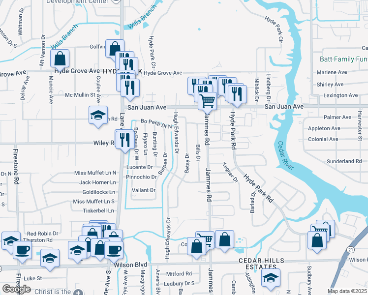 map of restaurants, bars, coffee shops, grocery stores, and more near 2118 Betsy Drive in Jacksonville