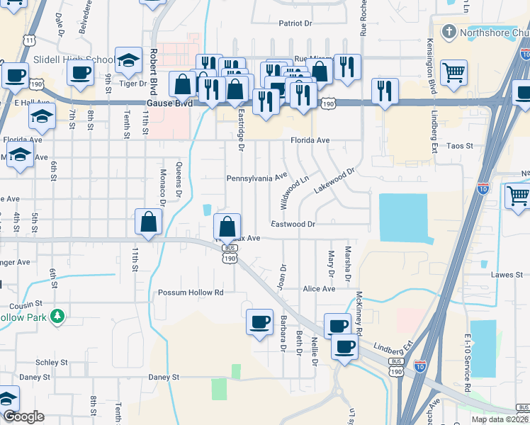 map of restaurants, bars, coffee shops, grocery stores, and more near 1537 Eastwood Drive in Slidell