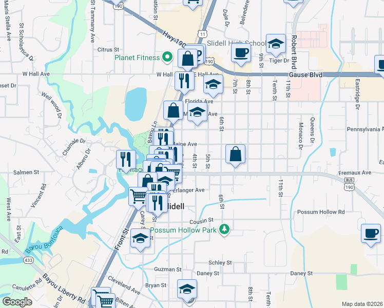 map of restaurants, bars, coffee shops, grocery stores, and more near 1737 4th Street in Slidell