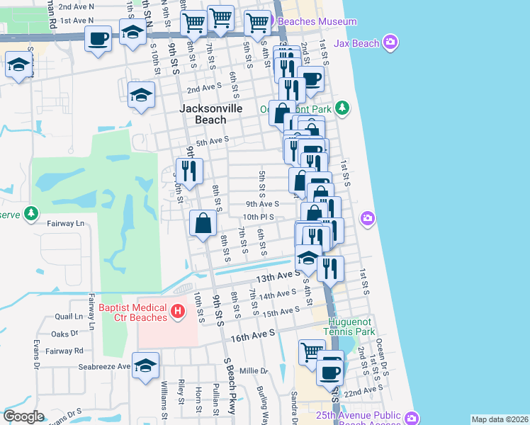 map of restaurants, bars, coffee shops, grocery stores, and more near 587 10th Place South in Jacksonville Beach