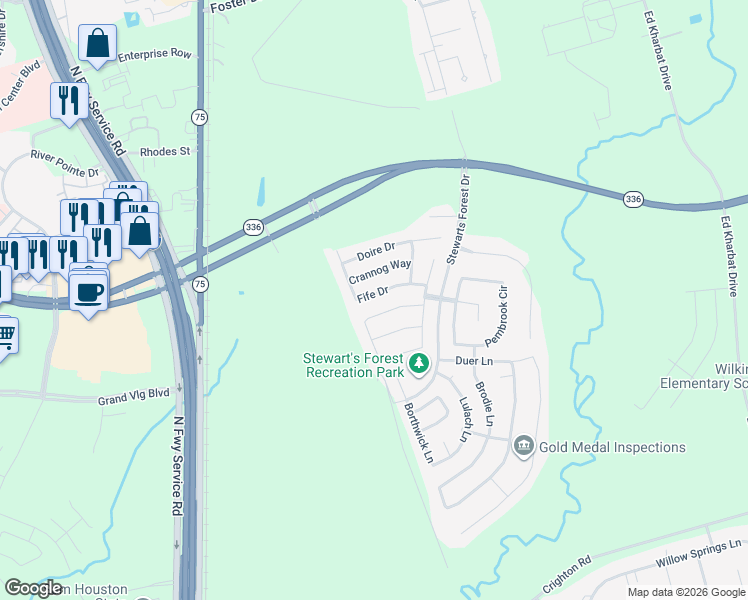 map of restaurants, bars, coffee shops, grocery stores, and more near 954 Fife Drive in Conroe