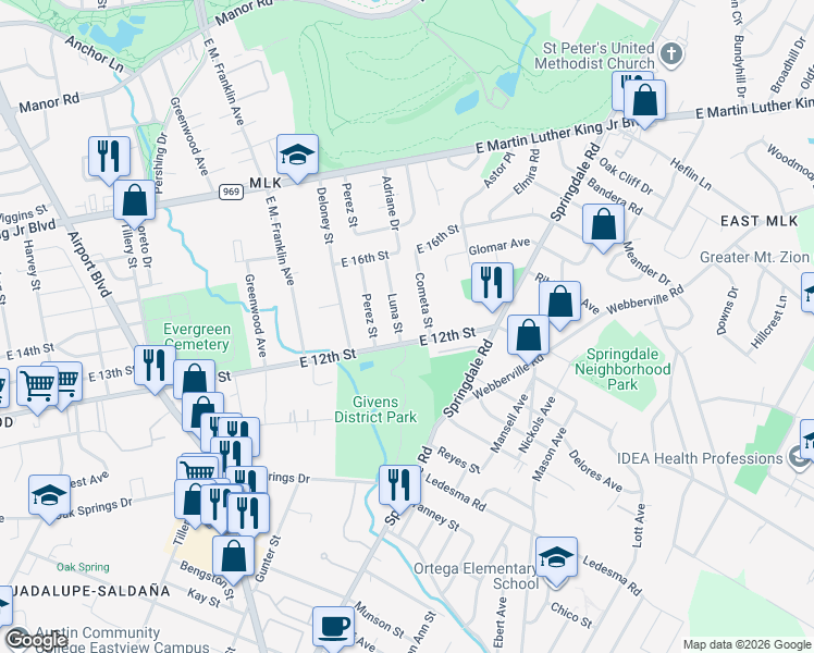 map of restaurants, bars, coffee shops, grocery stores, and more near 1211 Luna Street in Austin