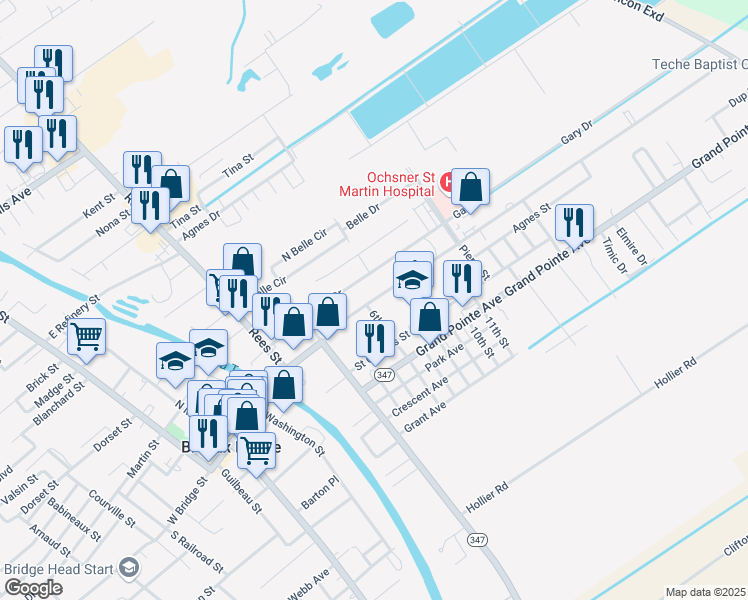 map of restaurants, bars, coffee shops, grocery stores, and more near 1020 East Bridge Street in Breaux Bridge