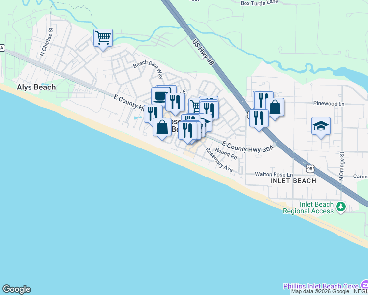 map of restaurants, bars, coffee shops, grocery stores, and more near 403 West Water Street in Rosemary Beach