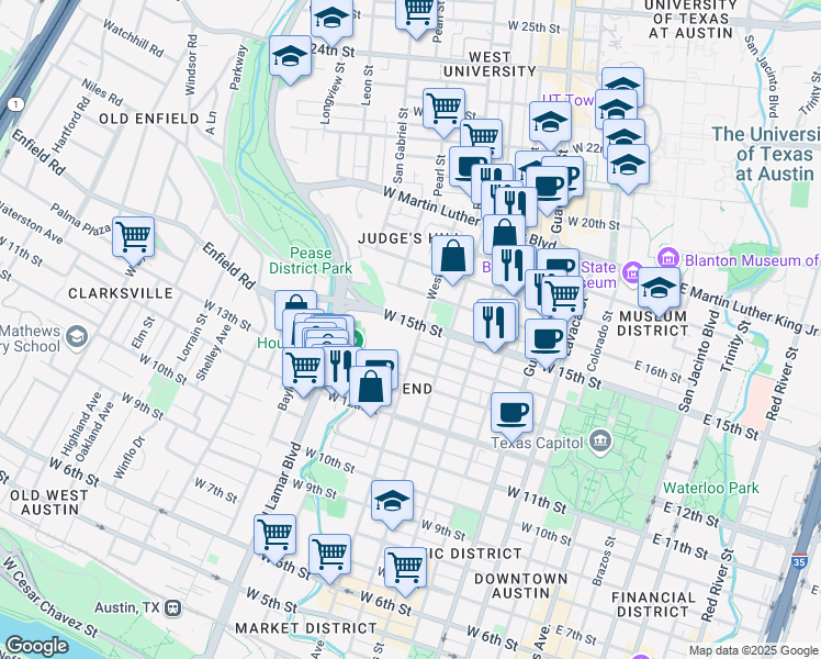 map of restaurants, bars, coffee shops, grocery stores, and more near 1404 West Avenue in Austin