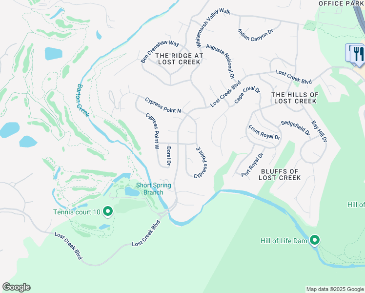 map of restaurants, bars, coffee shops, grocery stores, and more near 2331 Cypress Point West in Austin
