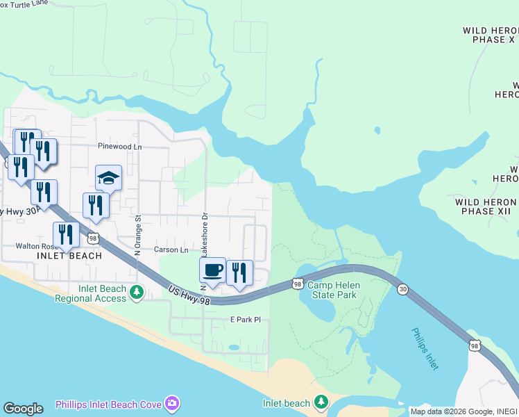 map of restaurants, bars, coffee shops, grocery stores, and more near 144 Grande Point Drive West in Panama City Beach