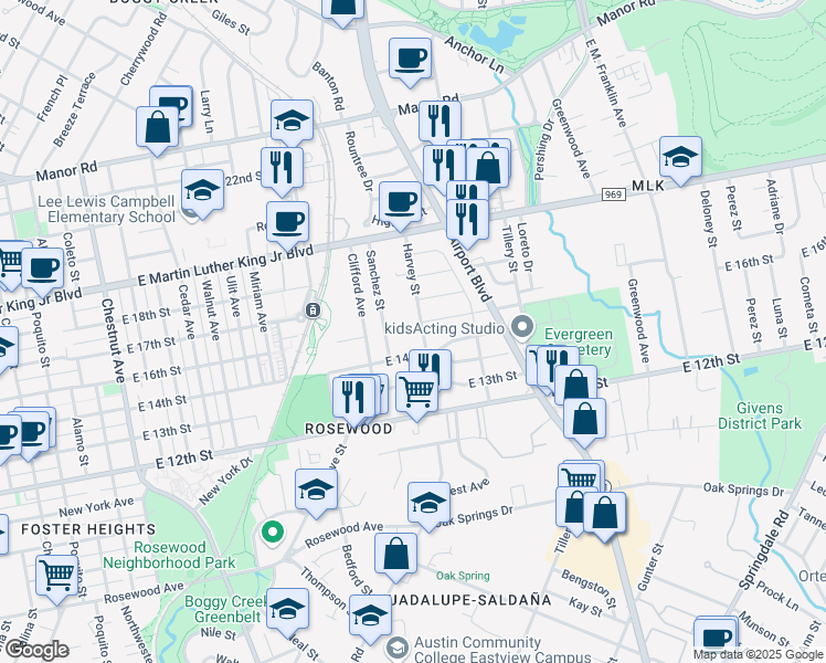 map of restaurants, bars, coffee shops, grocery stores, and more near 1414 Harvey Street in Austin