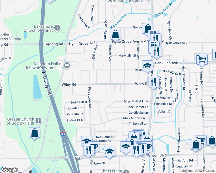 map of restaurants, bars, coffee shops, grocery stores, and more near 7008 Wiley Road in Jacksonville