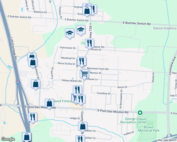 map of restaurants, bars, coffee shops, grocery stores, and more near 102 Audrey Boulevard in Lafayette