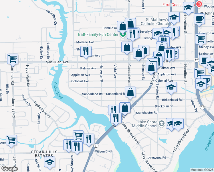 map of restaurants, bars, coffee shops, grocery stores, and more near 5137 Fremont Street in Jacksonville