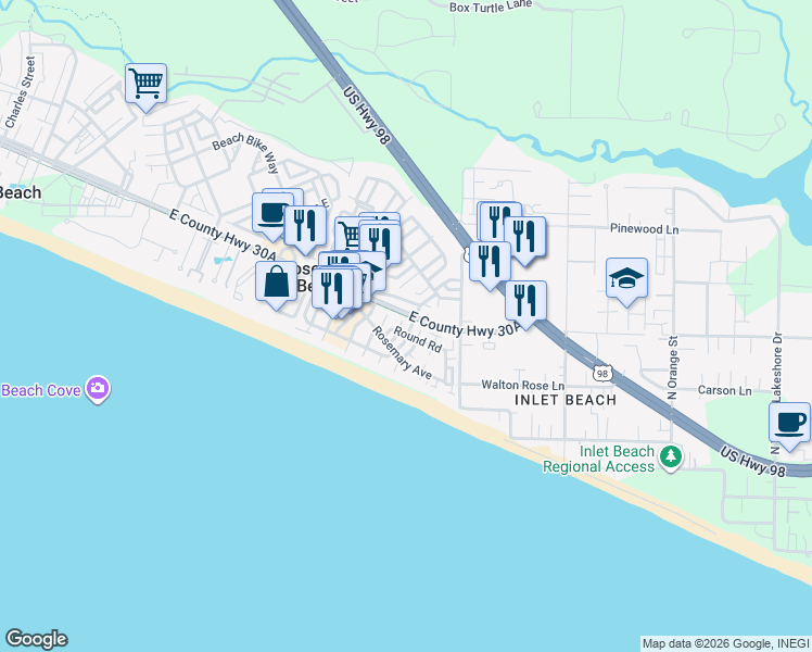 map of restaurants, bars, coffee shops, grocery stores, and more near 276 East Water Street in Rosemary Beach