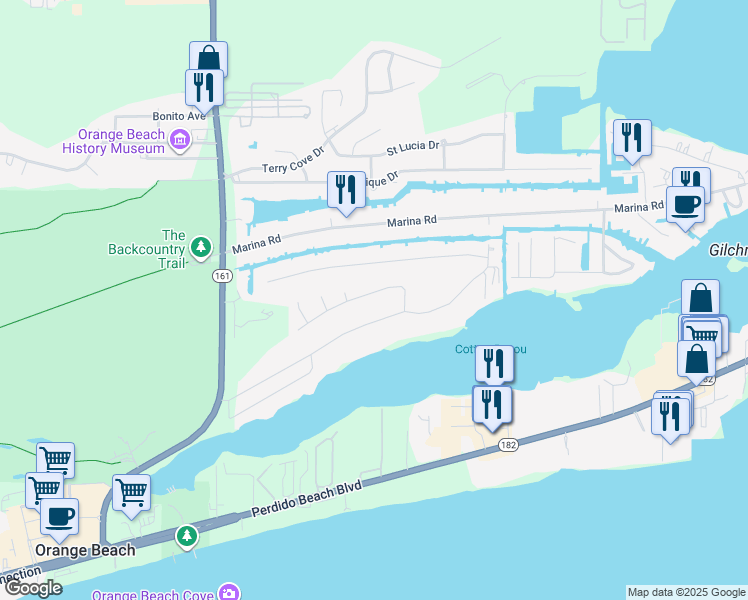map of restaurants, bars, coffee shops, grocery stores, and more near 26440 Caribe Dr in Orange Beach