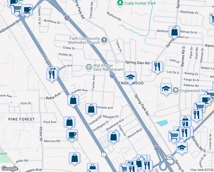 map of restaurants, bars, coffee shops, grocery stores, and more near 4361 Hudnall Road in Jacksonville
