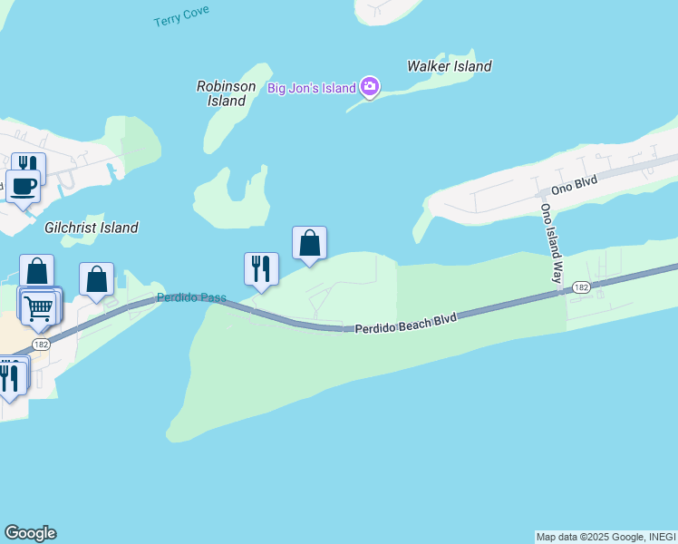 map of restaurants, bars, coffee shops, grocery stores, and more near 28103 Perdido Beach Boulevard in Orange Beach