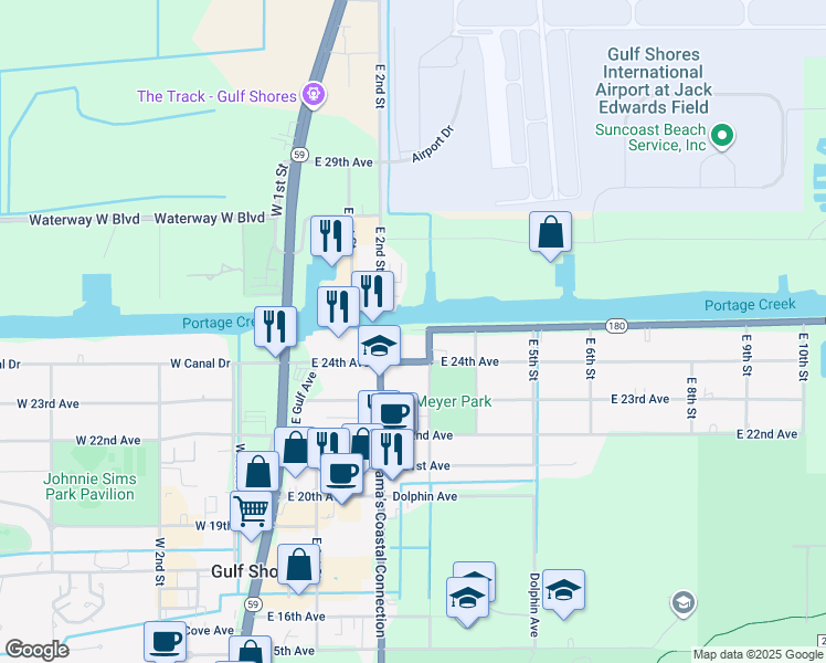 map of restaurants, bars, coffee shops, grocery stores, and more near 325 Alabama 180 in Gulf Shores
