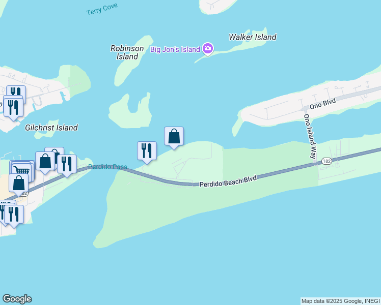 map of restaurants, bars, coffee shops, grocery stores, and more near 28103 Perdido Beach Boulevard in Orange Beach