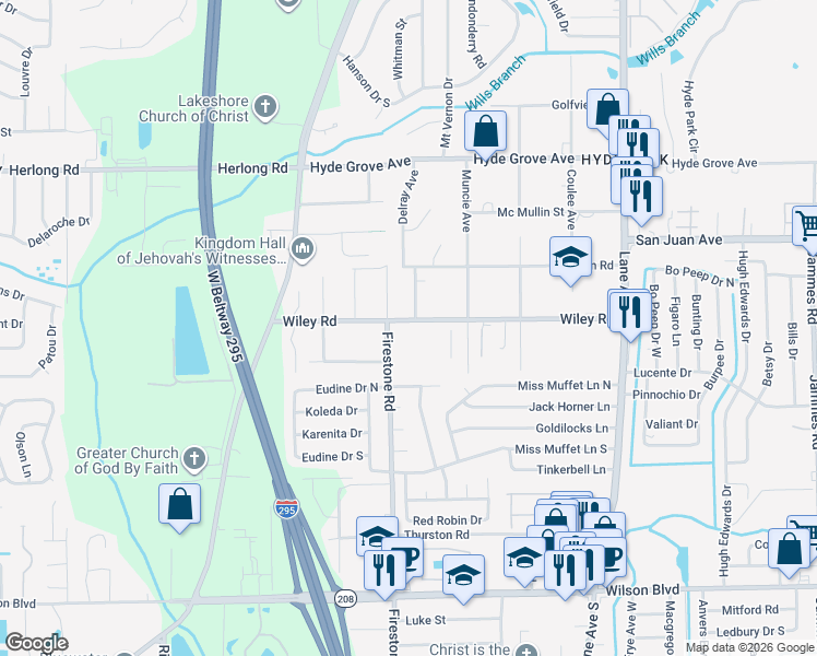 map of restaurants, bars, coffee shops, grocery stores, and more near 7072 Wiley Road in Jacksonville