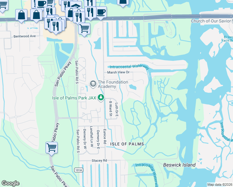 map of restaurants, bars, coffee shops, grocery stores, and more near 3570 Seafoam Lane in Jacksonville