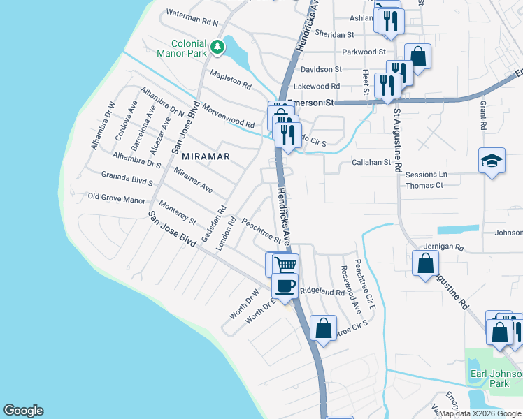 map of restaurants, bars, coffee shops, grocery stores, and more near 4052 Dover Road in Jacksonville