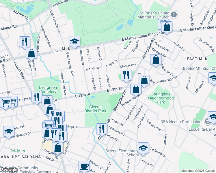 map of restaurants, bars, coffee shops, grocery stores, and more near 1211 Luna Street in Austin
