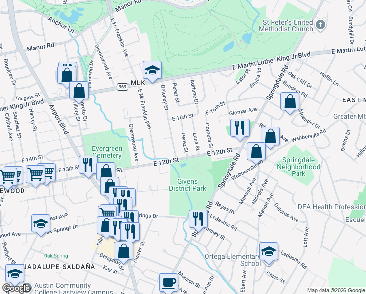 map of restaurants, bars, coffee shops, grocery stores, and more near 1208 Perez Street in Austin