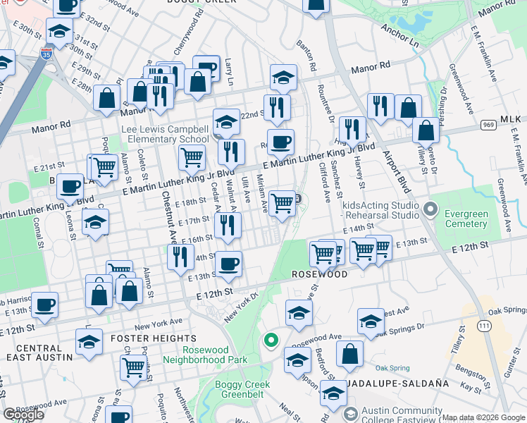 map of restaurants, bars, coffee shops, grocery stores, and more near 1612 Miriam Avenue in Austin