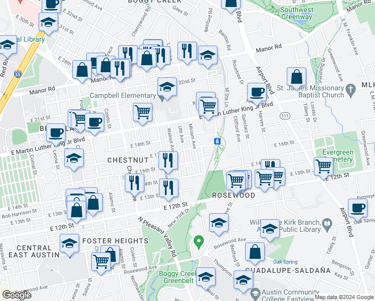map of restaurants, bars, coffee shops, grocery stores, and more near 1612 Miriam Avenue in Austin