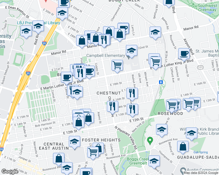 map of restaurants, bars, coffee shops, grocery stores, and more near 1708 Maple Avenue in Austin