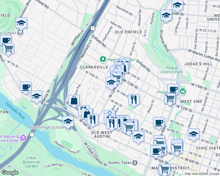map of restaurants, bars, coffee shops, grocery stores, and more near 1608 West 9th 1/2 Street in Austin