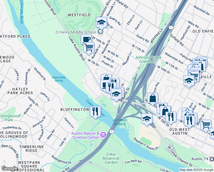 map of restaurants, bars, coffee shops, grocery stores, and more near 506 Hearn Street in Austin