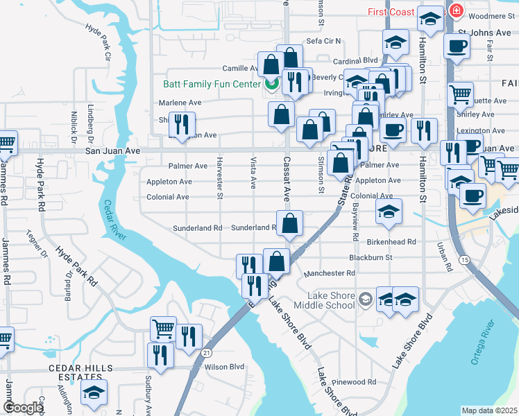 map of restaurants, bars, coffee shops, grocery stores, and more near 5055 Fremont Street in Jacksonville
