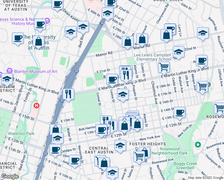 map of restaurants, bars, coffee shops, grocery stores, and more near 1805 Leona Street in Austin