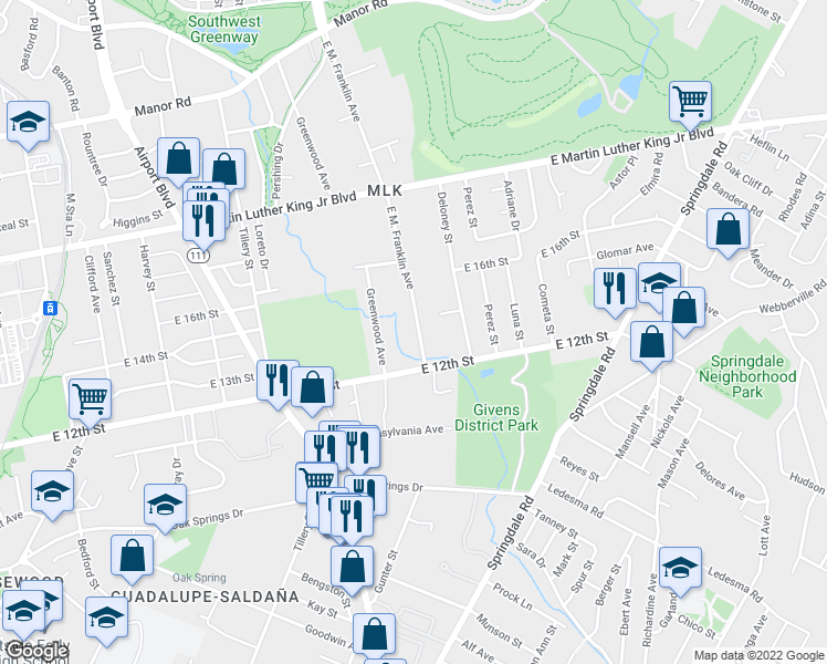 map of restaurants, bars, coffee shops, grocery stores, and more near 1302 E. M. Franklin Avenue in Austin