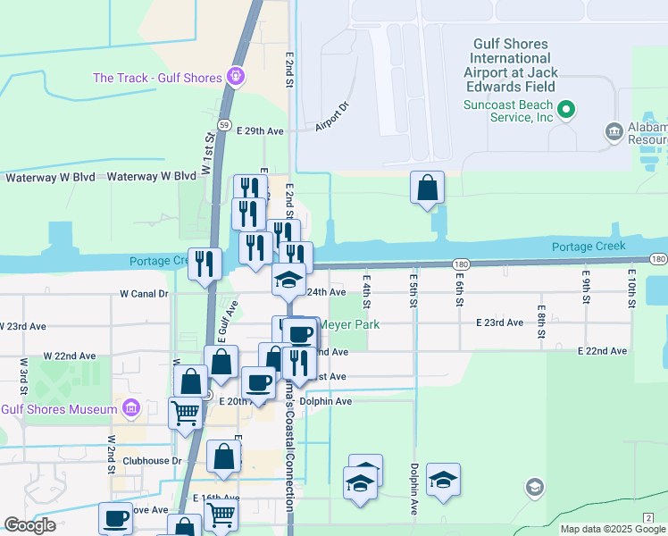 map of restaurants, bars, coffee shops, grocery stores, and more near 403 Alabama 180 in Gulf Shores