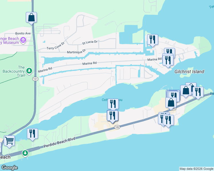 map of restaurants, bars, coffee shops, grocery stores, and more near 26620 Cotton Bayou Drive in Orange Beach