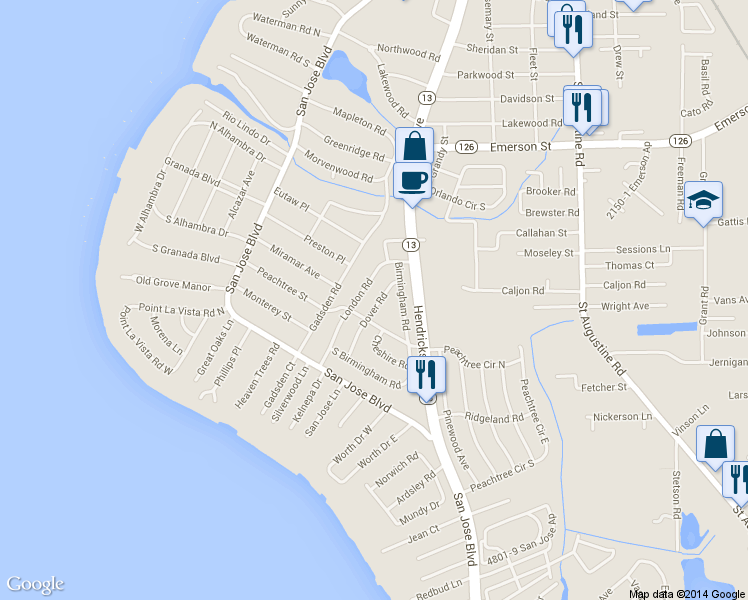 map of restaurants, bars, coffee shops, grocery stores, and more near 4052 Dover Road in Jacksonville