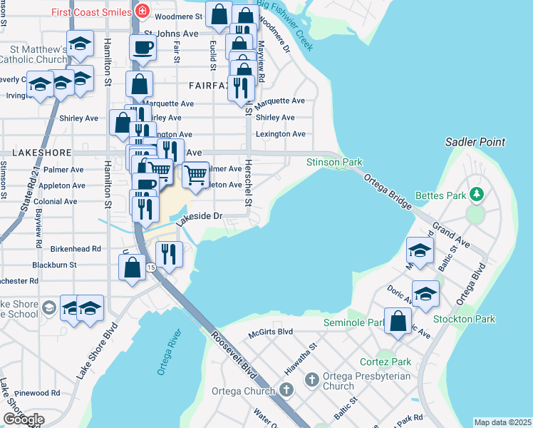 map of restaurants, bars, coffee shops, grocery stores, and more near 4433 Herschel Street in Jacksonville