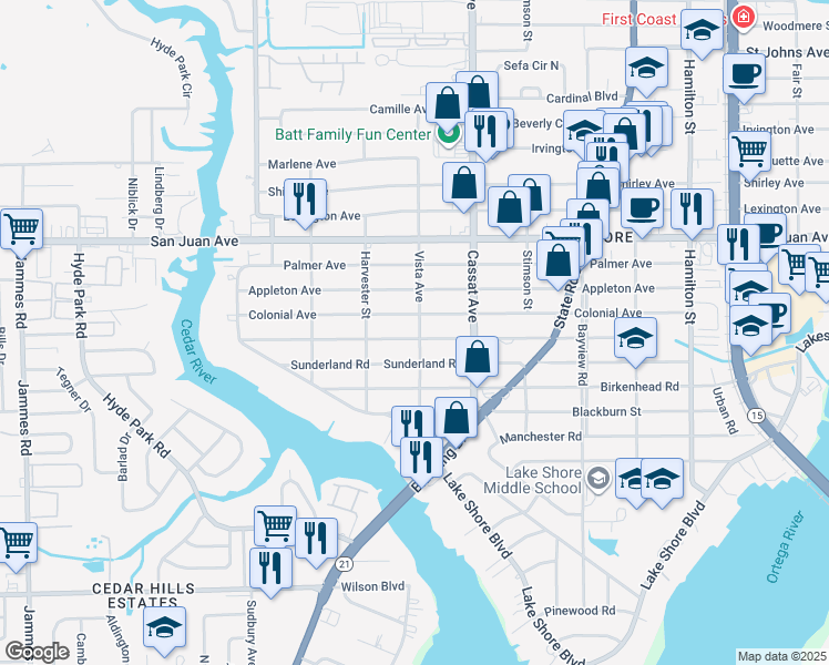 map of restaurants, bars, coffee shops, grocery stores, and more near 5055 Fremont Street in Jacksonville