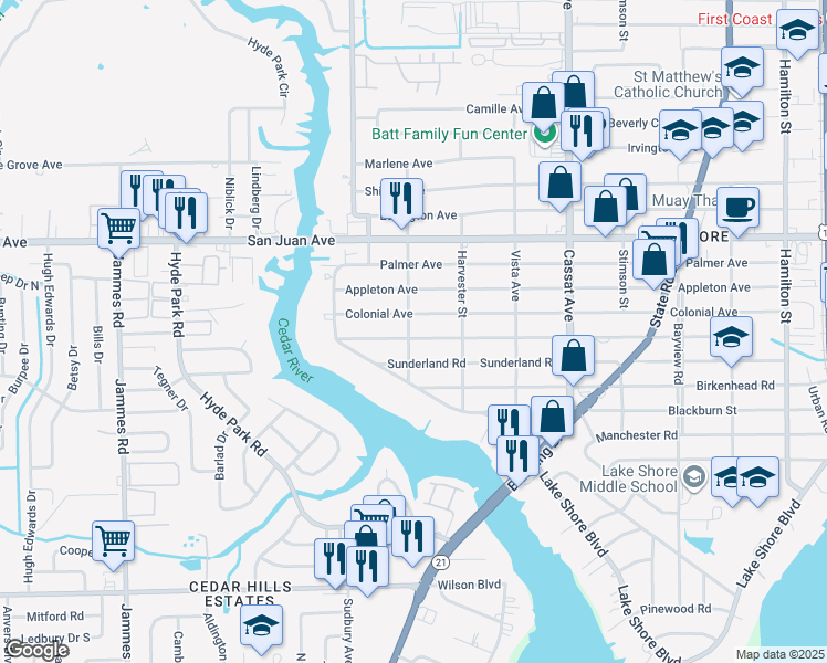 map of restaurants, bars, coffee shops, grocery stores, and more near 5259 Fremont Street in Jacksonville