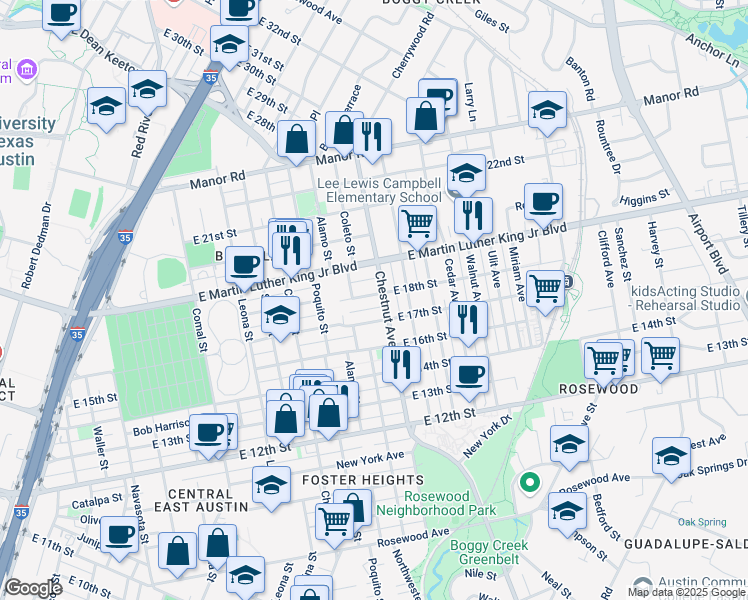 map of restaurants, bars, coffee shops, grocery stores, and more near 2209 East 18th Street in Austin
