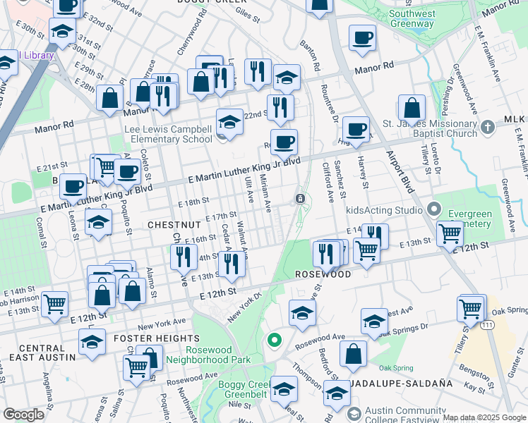 map of restaurants, bars, coffee shops, grocery stores, and more near 1612 Miriam Avenue in Austin