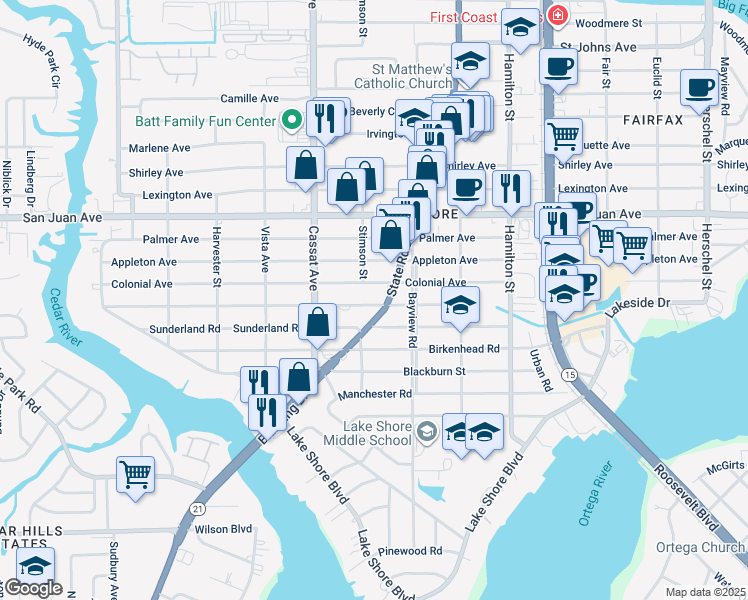 map of restaurants, bars, coffee shops, grocery stores, and more near 4763 Fremont Street in Jacksonville