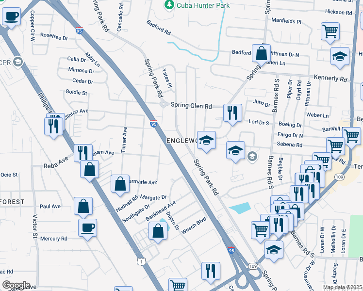 map of restaurants, bars, coffee shops, grocery stores, and more near 4350 Spring Park Road in Jacksonville