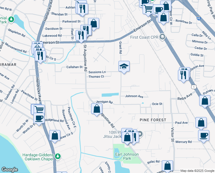 map of restaurants, bars, coffee shops, grocery stores, and more near 2117 Wright Avenue in Jacksonville