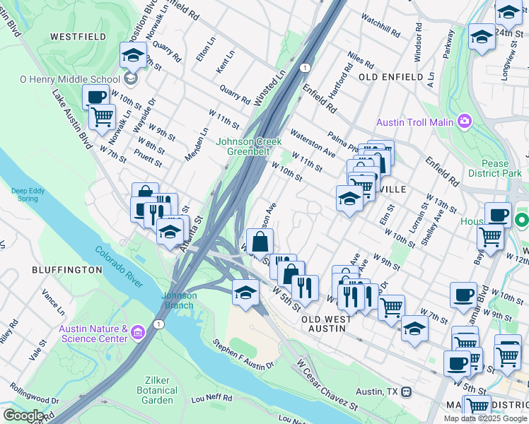 map of restaurants, bars, coffee shops, grocery stores, and more near 718 Patterson Avenue in Austin